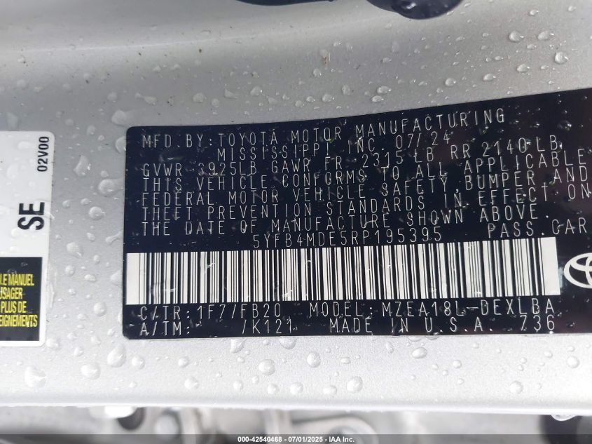 2024 Toyota Corolla Le VIN: 5YFB4MDE5RP195395 Lot: 42540468