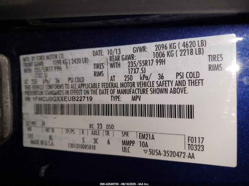 2014 Ford Escape Se VIN: 1FMCU0GXXEUB22719 Lot: 42540700