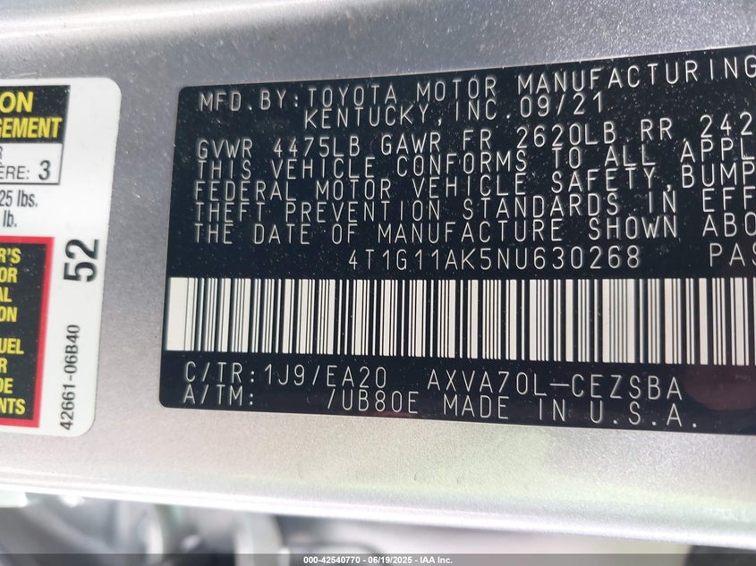 2022 TOYOTA CAMRY SE - 4T1G11AK5NU630268