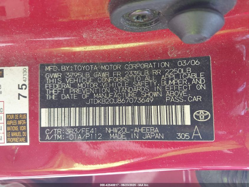 2006 Toyota Prius VIN: JTDKB20U867073649 Lot: 42540817