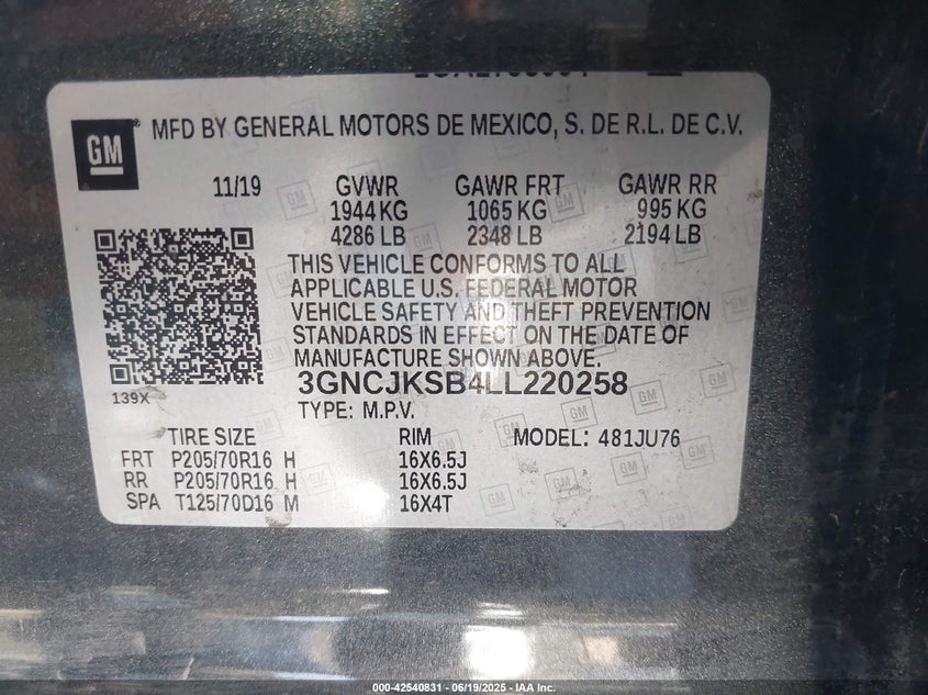 VIN 3GNCJKSB4LL220258 2020 CHEVROLET TRAX FWD LS
