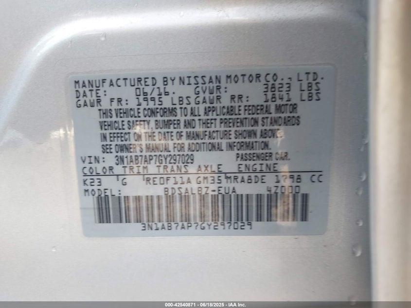 2016 NISSAN SENTRA S - 3N1AB7AP7GY297029