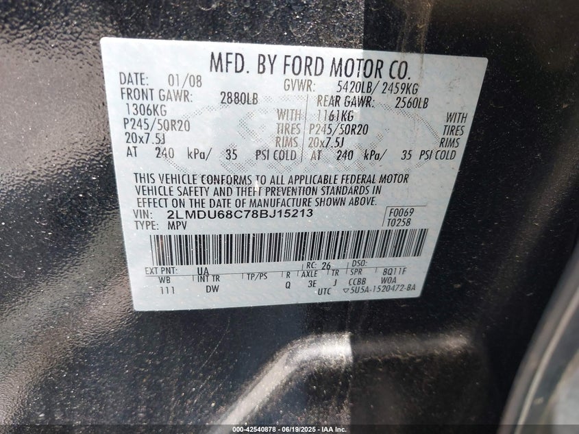 2008 LINCOLN MKX VIN: 2LMDU68C78BJ15213