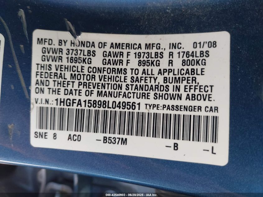 2008 Honda Civic Ex VIN: 1HGFA15898L049561 Lot: 42540903