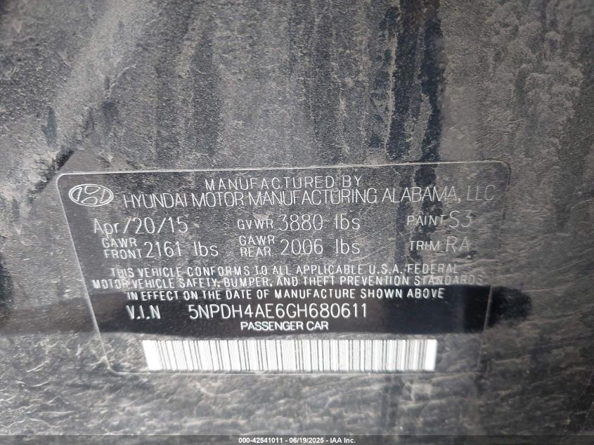 2016 Hyundai Elantra Se VIN: 5NPDH4AE6GH680611 Lot: 42541011