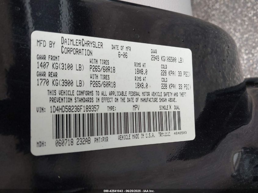 2006 Dodge Durango Limited VIN: 1D4HD58236F189357 Lot: 42541043