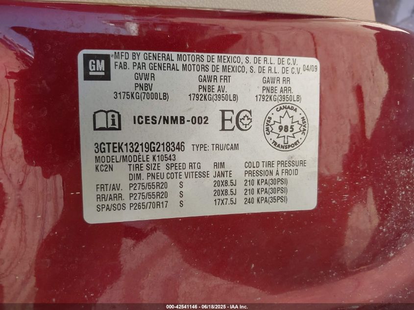 2009 GMC Sierra 1500 Slt VIN: 3GTEK13219G218346 Lot: 42541146