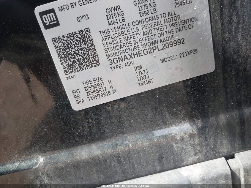 2023 CHEVROLET EQUINOX 1.5L I-4 DI, DOHC, V(VIN: 3GNAXHEG2PL209992