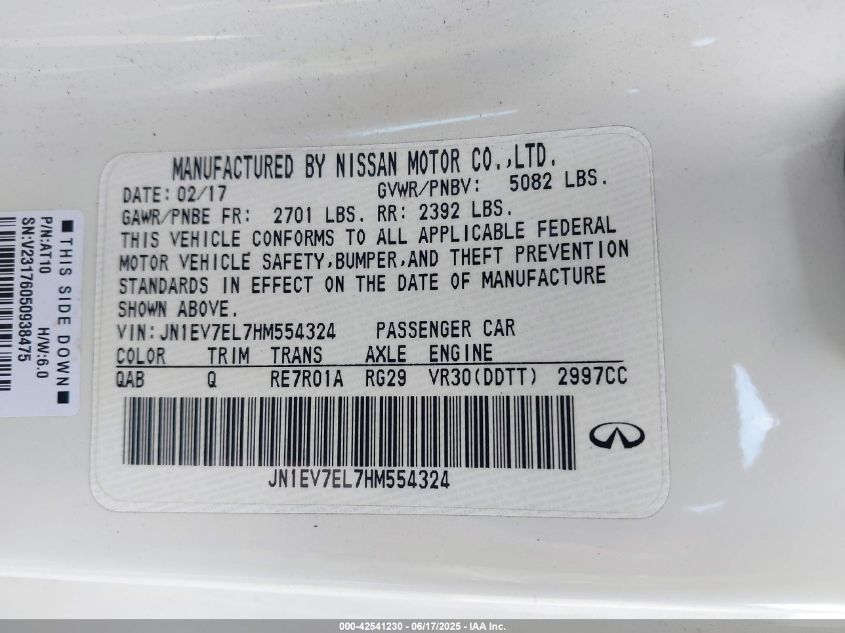 2017 Infiniti Q60 3.0T Premium VIN: JN1EV7EL7HM554324 Lot: 42541230