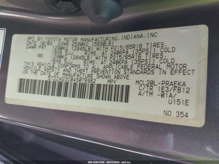 2004 Toyota Sienna Ce/Le VIN: 5TDZA23C04S078982 Lot: 42541306