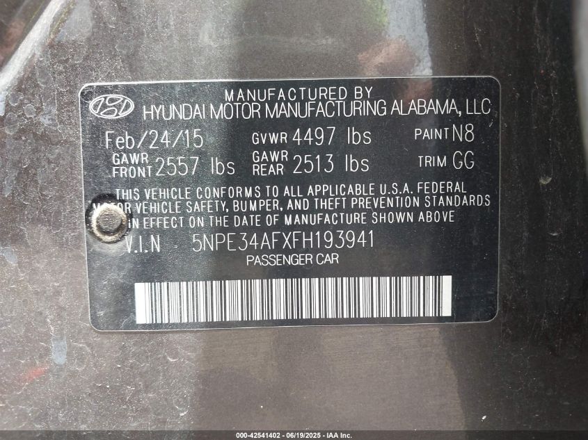 2015 Hyundai Sonata Sport VIN: 5NPE34AFXFH193941 Lot: 42541402