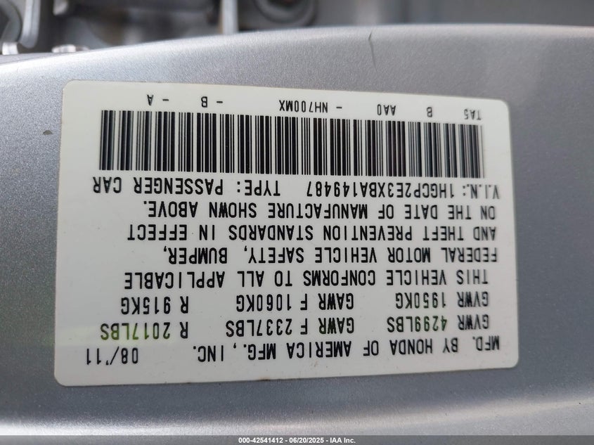 2011 HONDA ACCORD VIN: 1HGCP2E3XBA149487