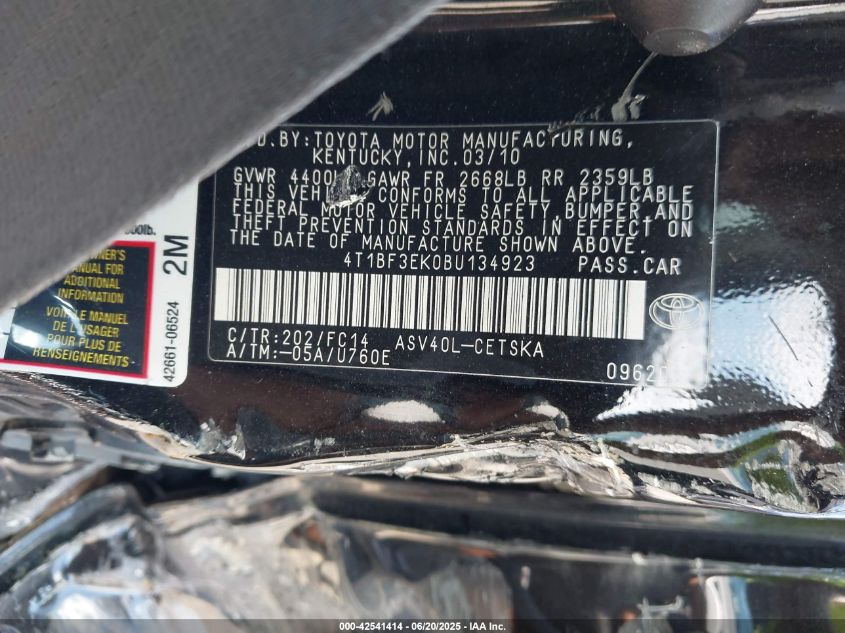 2011 Toyota Camry Se VIN: 4T1BF3EK0BU134923 Lot: 42541414