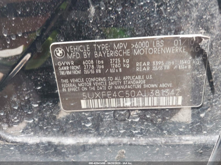 2010 BMW X5 VIN: 5UXFE4C50AL381342