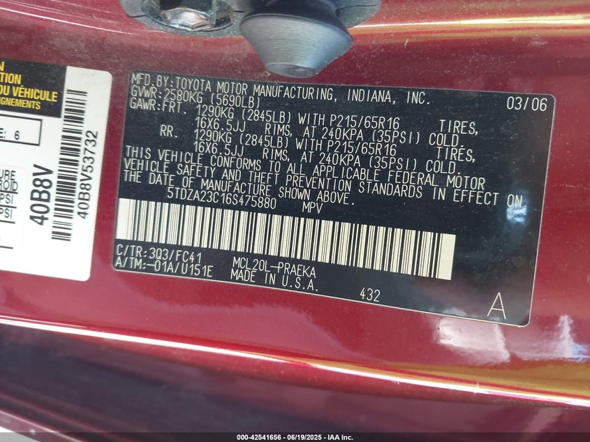 2006 Toyota Sienna Le VIN: 5TDZA23C16S475880 Lot: 42541656