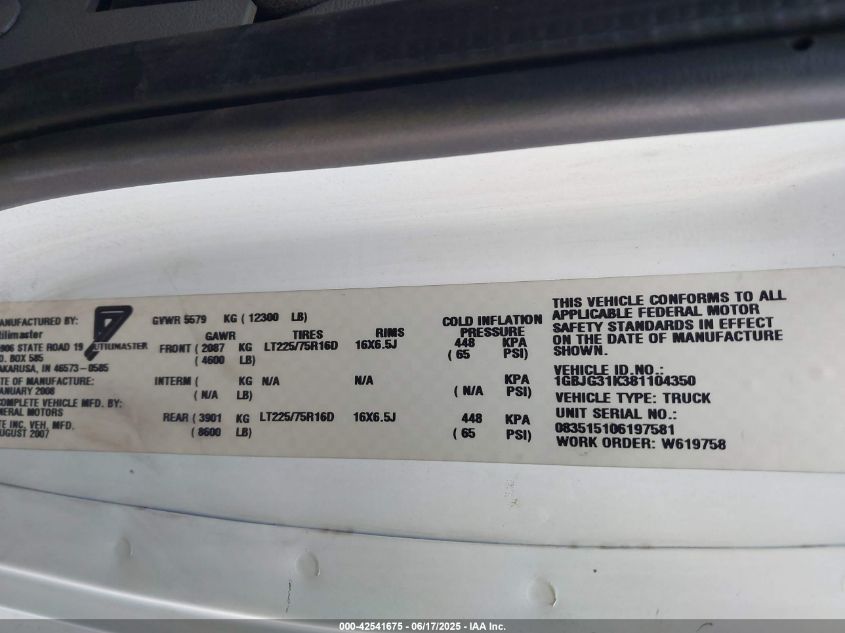 2008 Chevrolet Express Cutaway Work Van VIN: 1GBJG31K381104350 Lot: 42541675