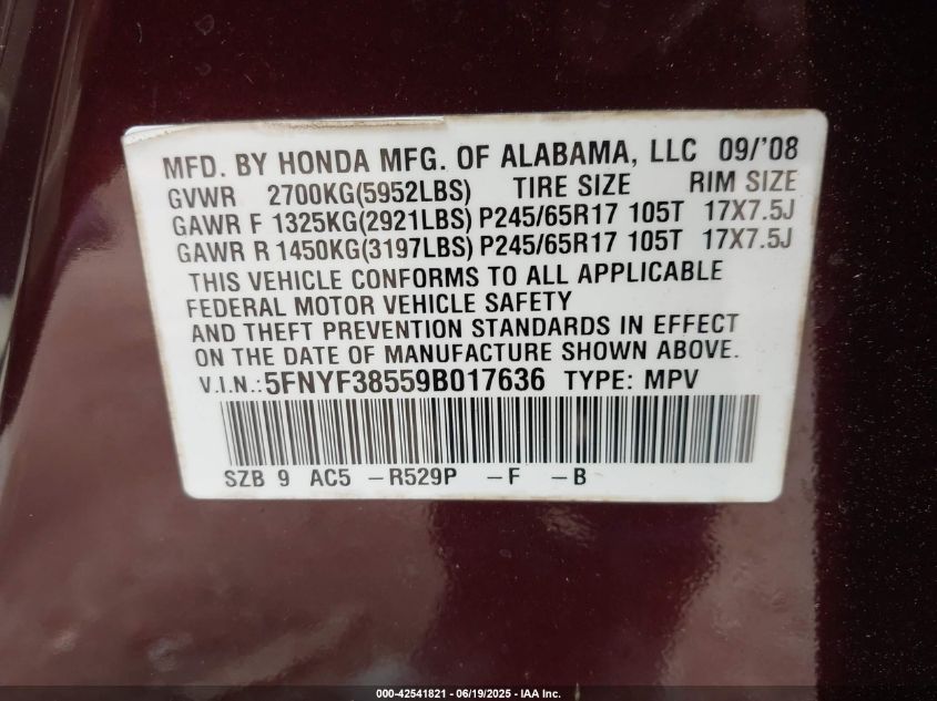 2009 Honda Pilot VIN: 5FNYF3H559B017636 Lot: 42541821