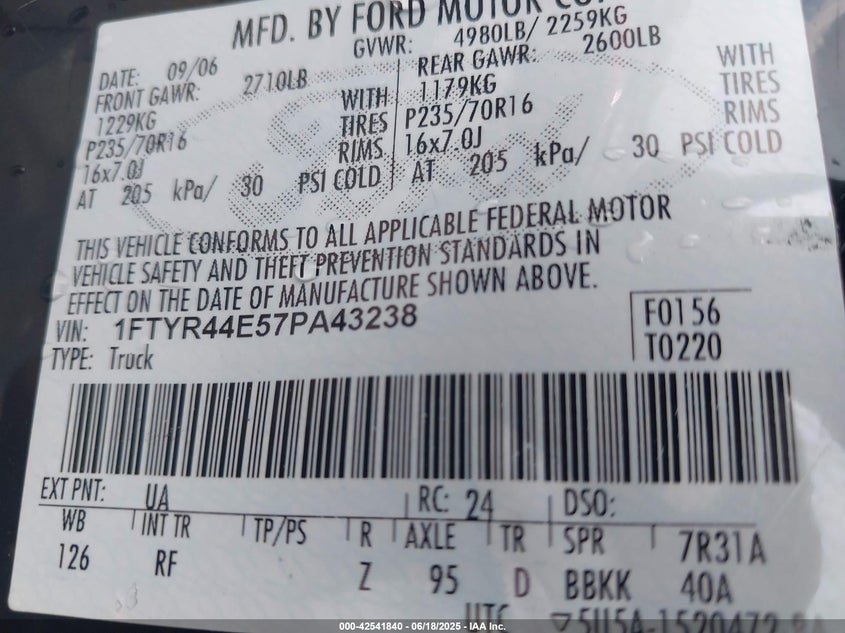2007 FORD RANGER VIN: 1FTYR44E57PA43238