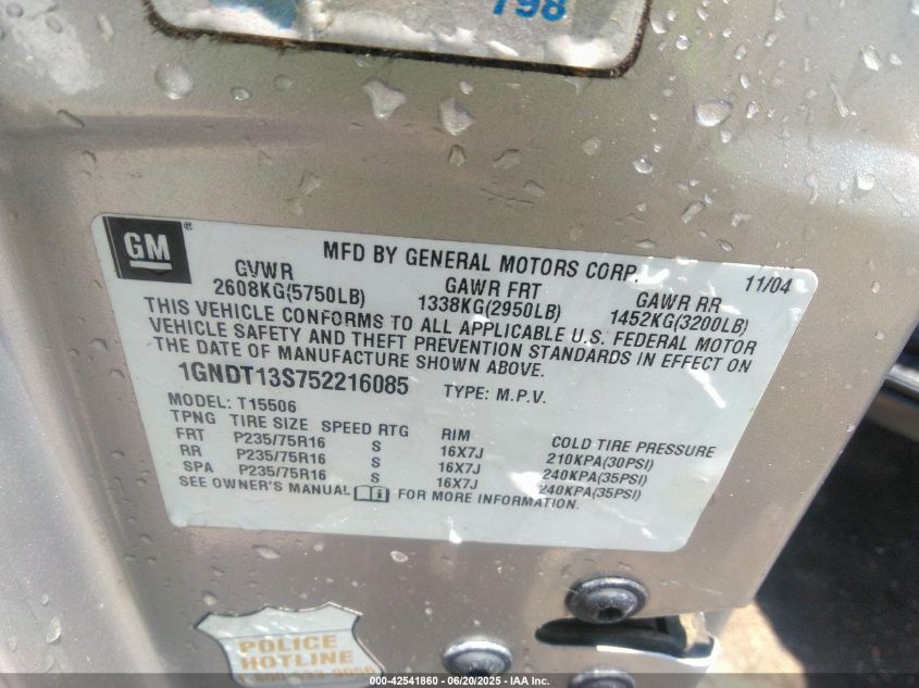 2005 Chevrolet Trailblazer Ls VIN: 1GNDT13S752216085 Lot: 42541860