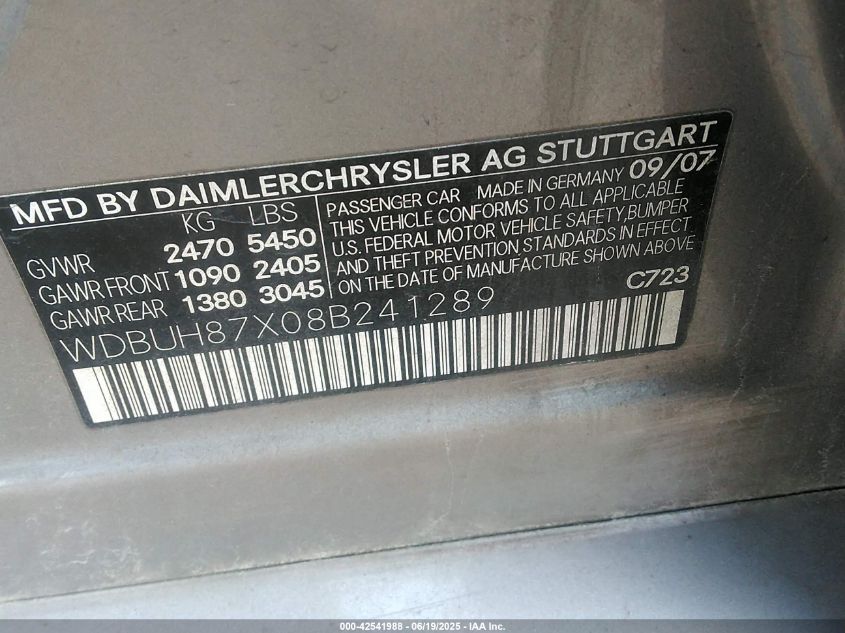 2008 Mercedes-Benz E 350 4Matic VIN: WDBUH87X08B241289 Lot: 42541988