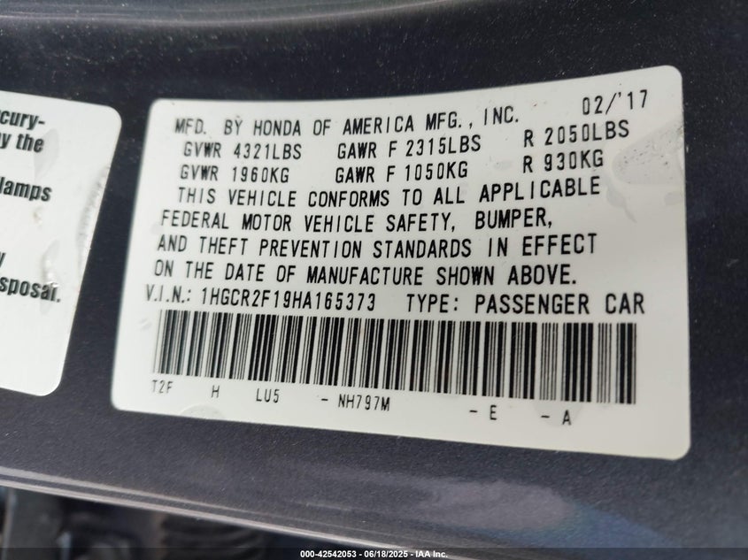 2017 Honda Accord Sport Se VIN: 1HGCR2F19HA165373 Lot: 42542053