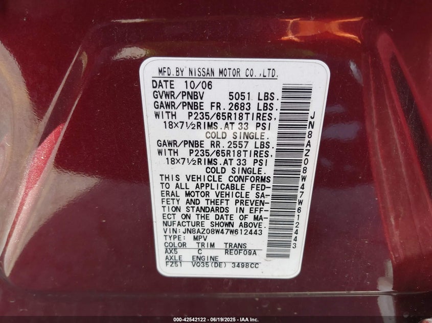 2007 Nissan Murano S VIN: JN8AZ08W47W612443 Lot: 42542122