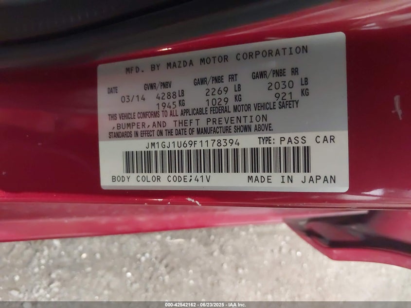2015 MAZDA MAZDA6 VIN: JM1GJ1U69F1178394