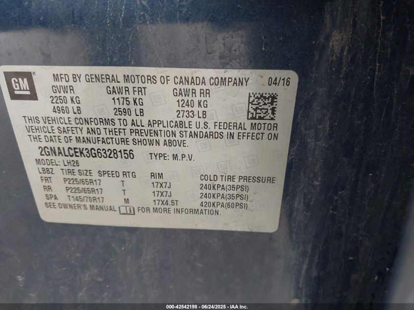 2016 Chevrolet Equinox Lt VIN: 2GNALCEK3G6328156 Lot: 42542198