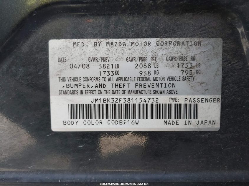 2008 Mazda Mazda3 I Touring Value VIN: JM1BK32F381154732 Lot: 42542286