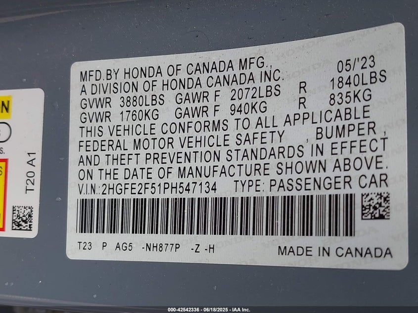 2023 HONDA CIVIC 2.0L I-4 DI, DOHC, V(VIN: 2HGFE2F51PH547134