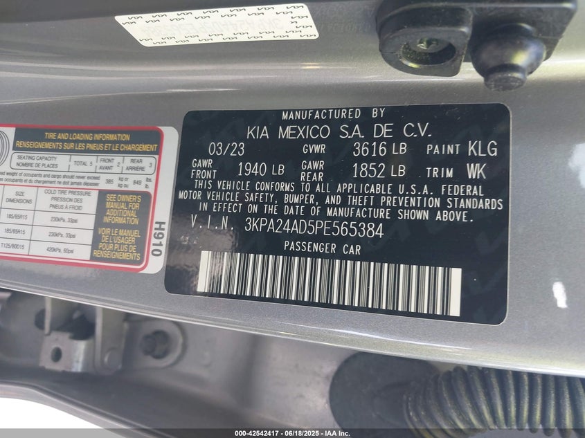 2023 KIA RIO 1.6L I-4 DOHC, VVT, (VIN: 3KPA24AD5PE565384