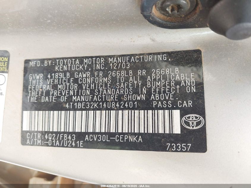 2004 Toyota Camry Le VIN: 4T1BE32K14U842401 Lot: 42542516