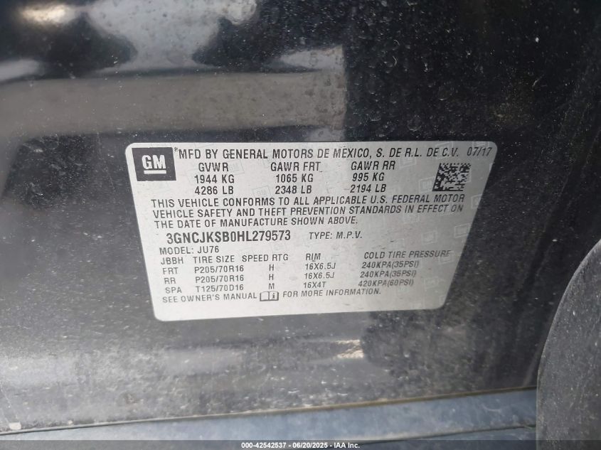 2017 Chevrolet Trax Ls VIN: 3GNCJKSB0HL279573 Lot: 42542537