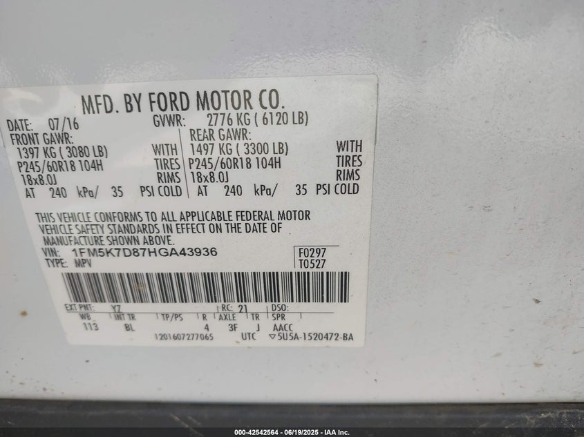 VIN 1FM5K7D87HGA43936 2017 FORD EXPLORER XLT