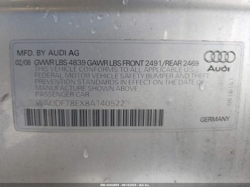 2008 Audi A4 2.0T/2.0T Special Edition VIN: WAUDF78EX8A140522 Lot: 42542659