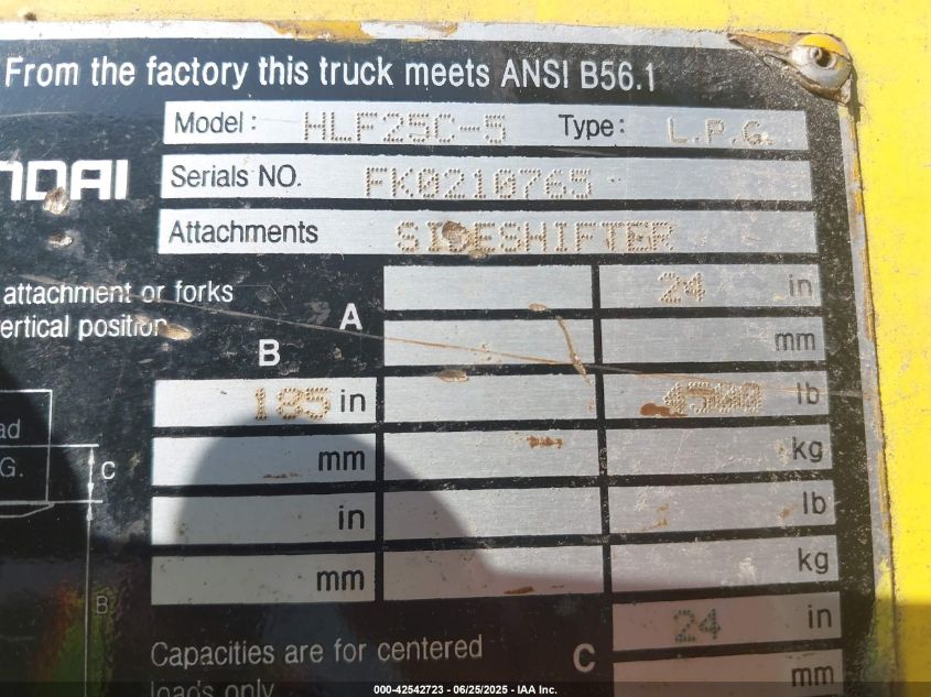 2005 Hyundai Hlf25C-5 VIN: 00000000FK0210765 Lot: 42542723