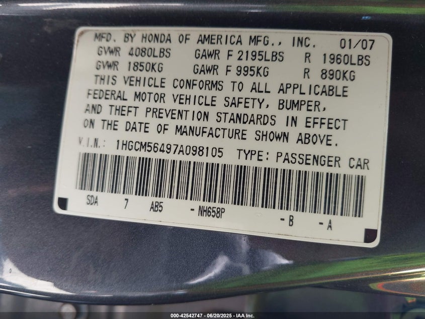 2007 Honda Accord 2.4 Lx VIN: 1HGCM56497A098105 Lot: 42542747