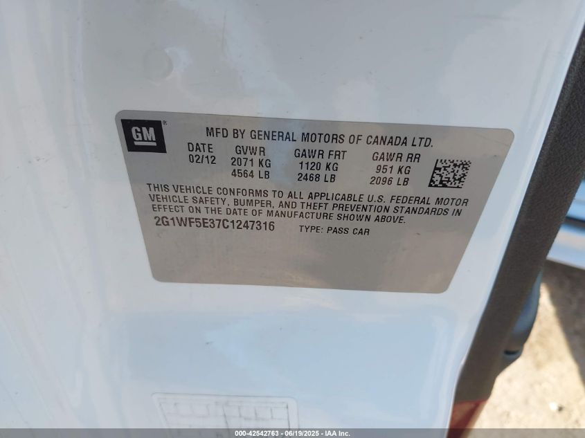 2012 Chevrolet Impala Ls VIN: 2G1WF5E37C1247316 Lot: 42542763