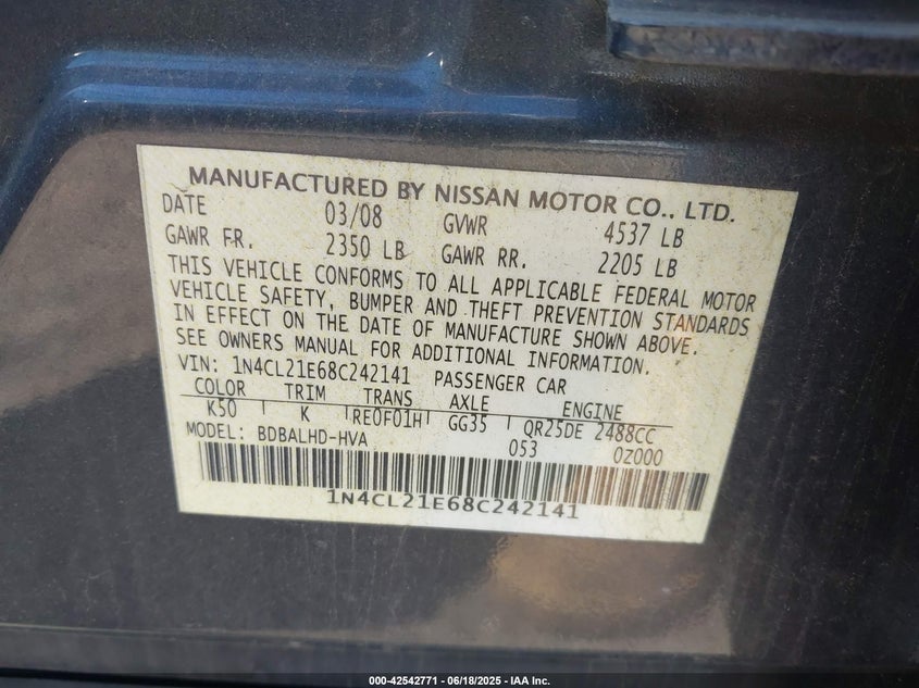 2008 NISSAN ALTIMA HYBRID VIN: 1N4CL21E68C242141