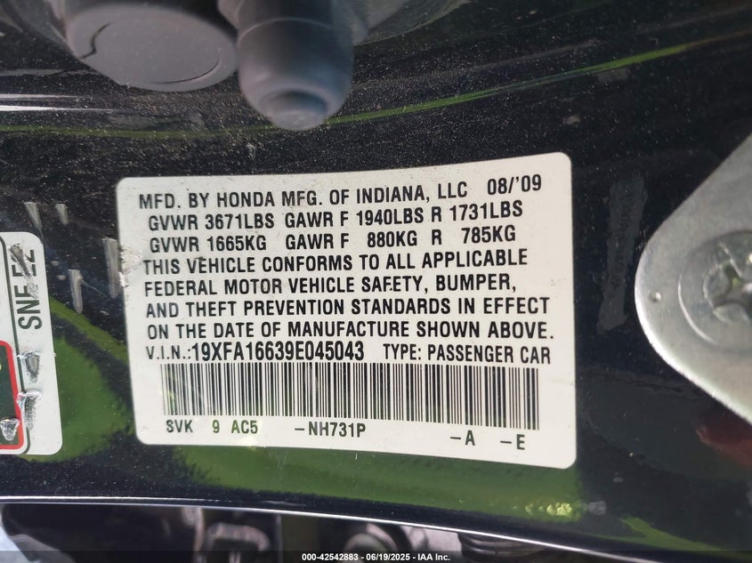 2009 HONDA CIVIC VIN: 19XFA16639E045043
