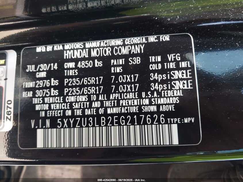 2014 Hyundai Santa Fe Sport 2.4L VIN: 5XYZU3LB2EG217626 Lot: 42542890