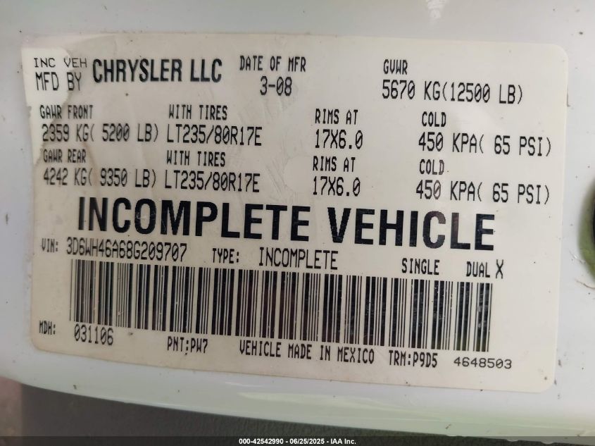 2008 Dodge Ram 3500 Hd Chassis St/Slt VIN: 3D6WH46A68G209707 Lot: 42542990