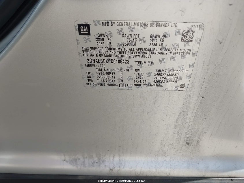 2012 CHEVROLET EQUINOX VIN: 2GNALBEK6C6186423