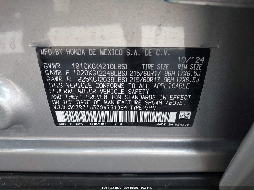 2025 Honda Hr-V VIN: 3CZRZ1H33SN731694 Lot: 42543036