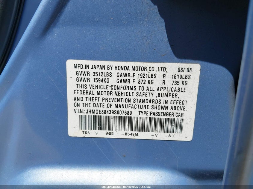 2009 HONDA FIT VIN: JHMGE88439S007689