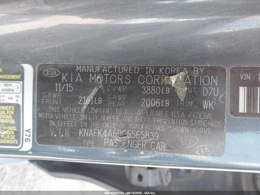 2016 Kia Forte Lx VIN: KNAFK4A69G5565839 Lot: 42543181