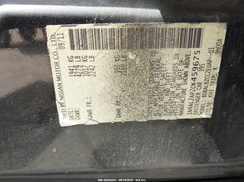 2012 NISSAN ALTIMA VIN: 1N4AL2AP2CN459675