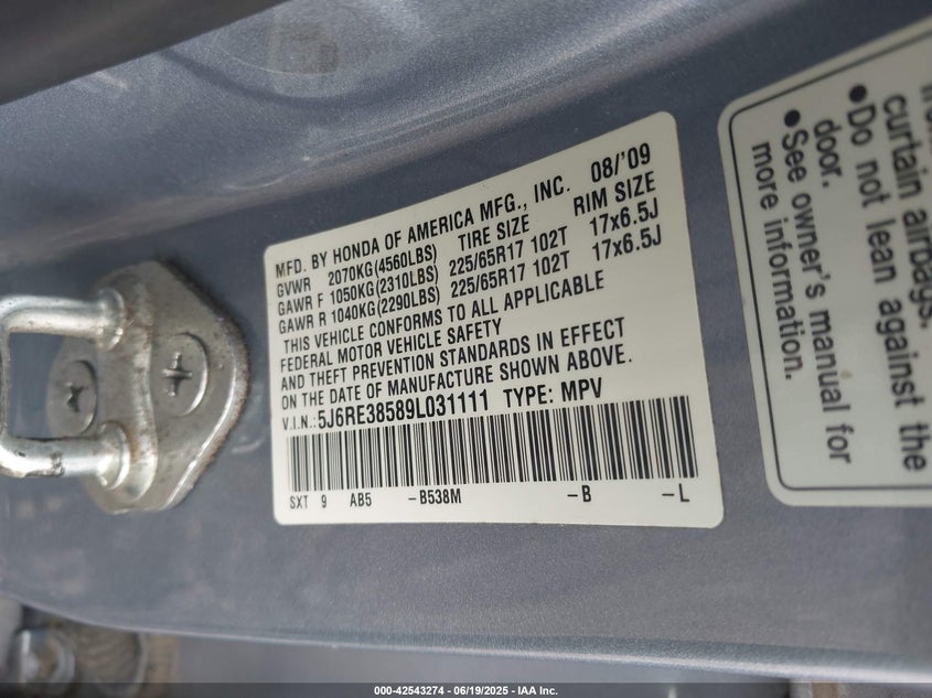 2009 Honda Cr-V Ex VIN: 5J6RE38589L031111 Lot: 42543274