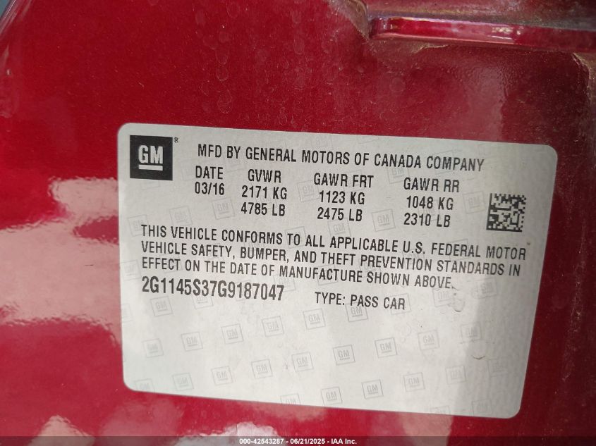 2016 Chevrolet Impala 2Lz VIN: 2G1145S37G9187047 Lot: 42543287