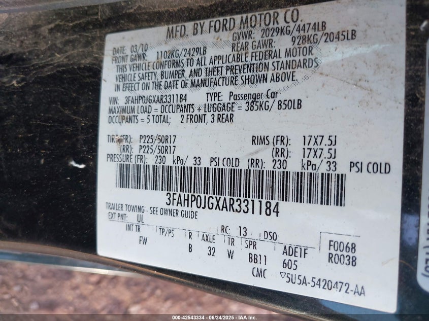 2010 Ford Fusion Sel VIN: 3FAHP0JGXAR331184 Lot: 42543334